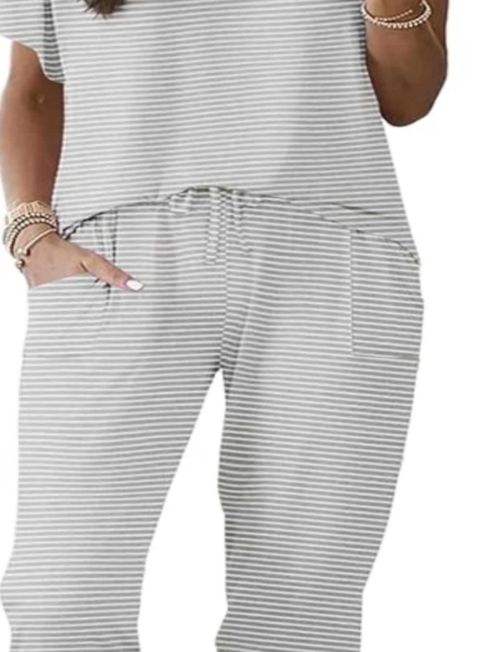 Striped Short-Sleeve Pajama jog Set in Gray & White - Picture 3 of 4